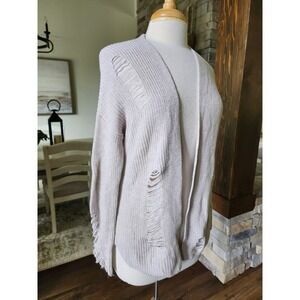 BP Nordstrom Distressed Open Front Cardigan Beige Cotton Ribbed Small